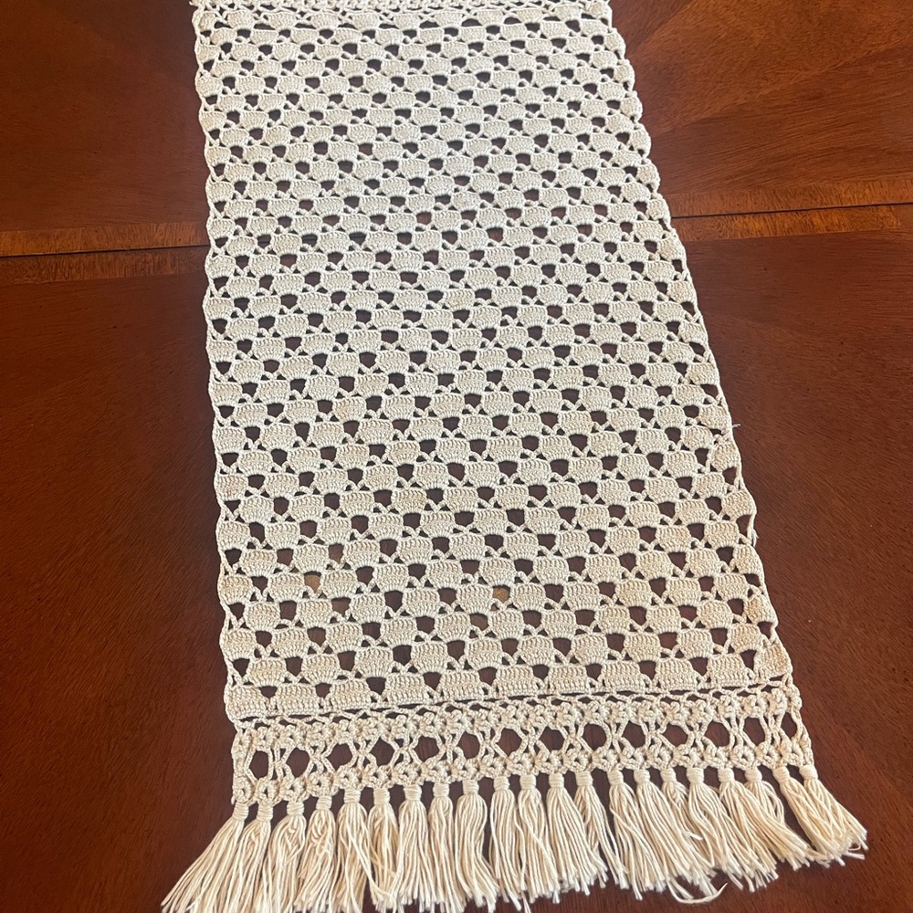Elegant beige hand Crochet Table Runner. Vintage handmade by mom.